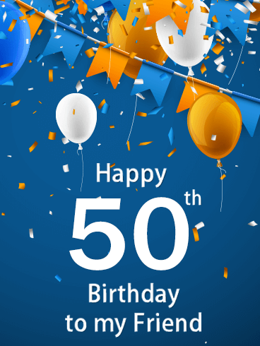 Blue Happy 50th Birthday Balloon Card
